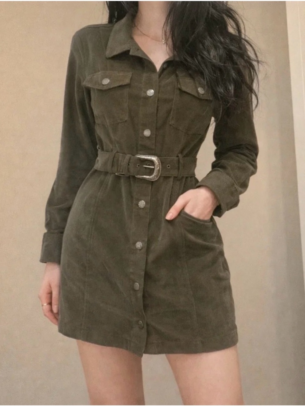 New House of Harlow 1960 Olive Green Belted Corduroy Mini Dress/ Coat sz M